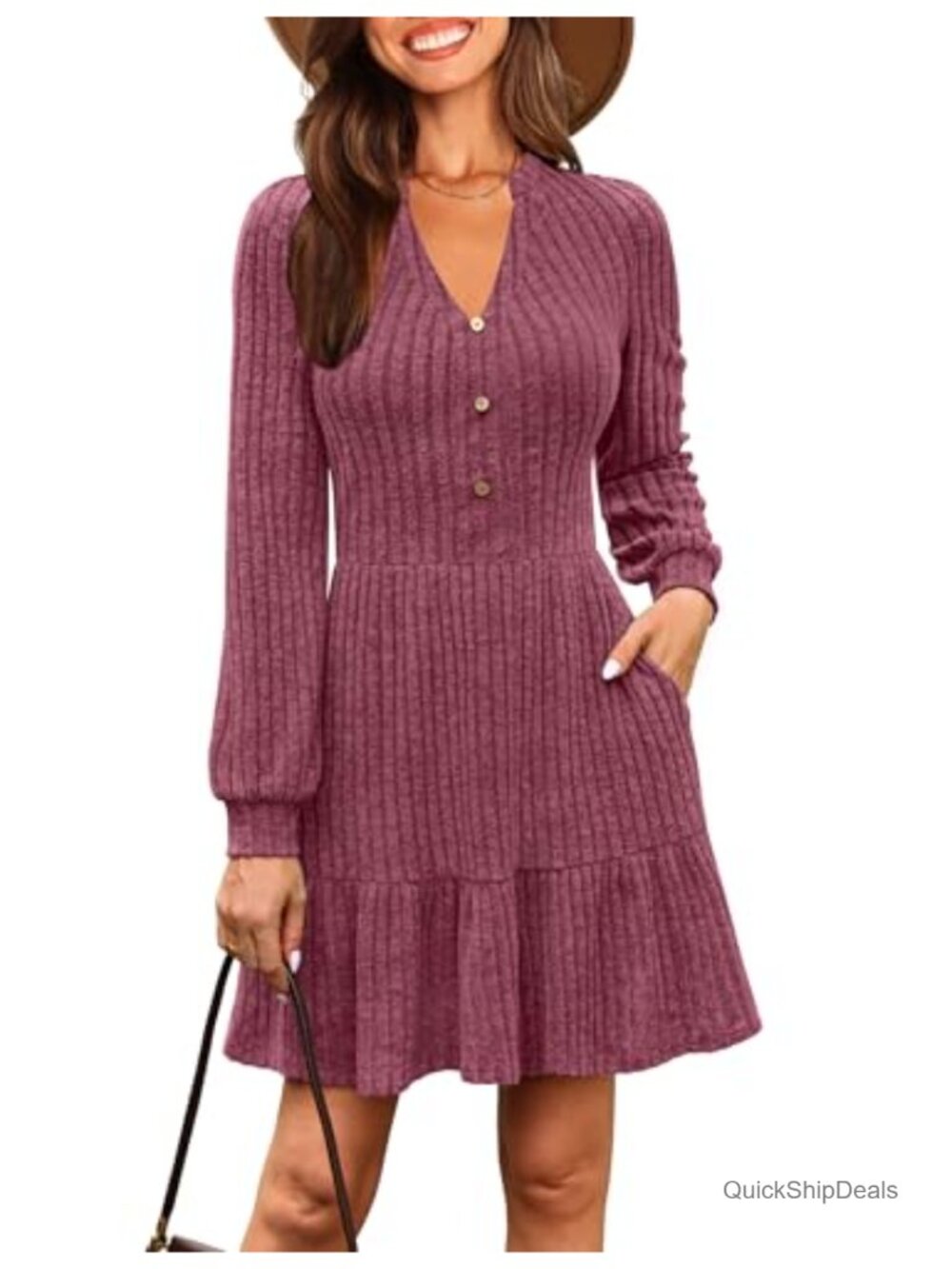 Women's Knit Ribbed Ruffle Sweater Mini Dress with Pockets Long Sleeve V-Neck